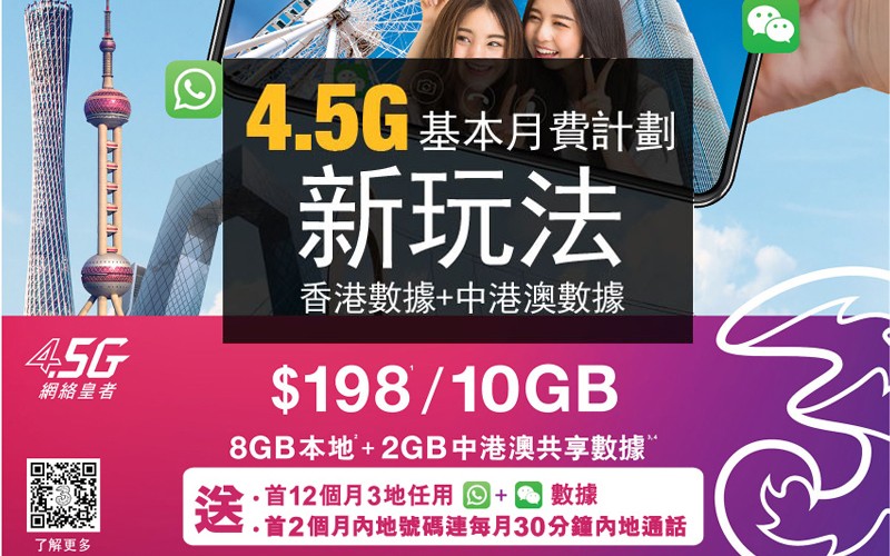 「3HK」4.5G 基本月費計劃新玩法 : $198 有8GB 本地數據+ 2GB 中港澳數據, 新春再送2個月「內地號碼及通話」組合
