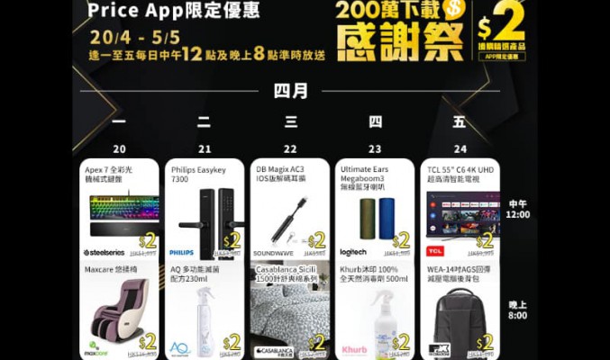 「Price App 200萬下載感謝祭」激筍產品低至$2