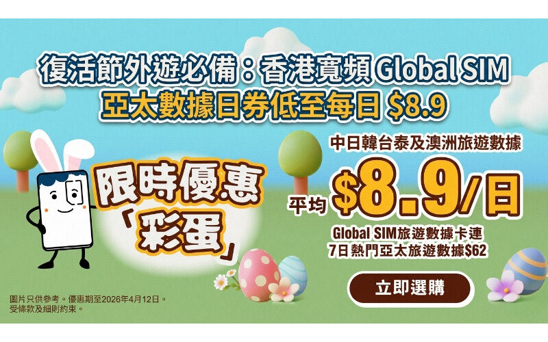 復活節外遊必備：香港寬頻 Global SIM 亞太數據日券低至每日 $8.9!