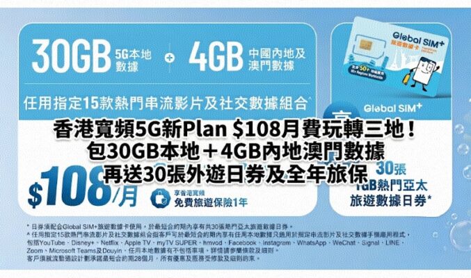 香港寬頻5G新Plan $108月費玩轉三地！包30GB本地＋4GB內地澳門數據 再送30張外遊日券及全年旅保