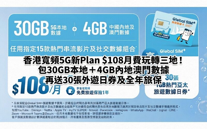 香港寬頻5G新Plan $108月費玩轉三地！包30GB本地＋4GB內地澳門數據 再送30張外遊日券及全年旅保