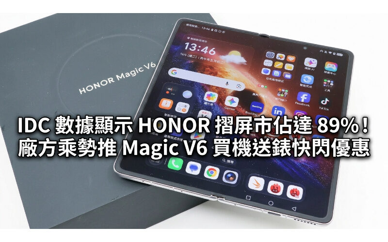 IDC 數據顯示 HONOR 摺屏市佔達 89%！廠方乘勢推 Magic V6 買機送錶快閃優惠