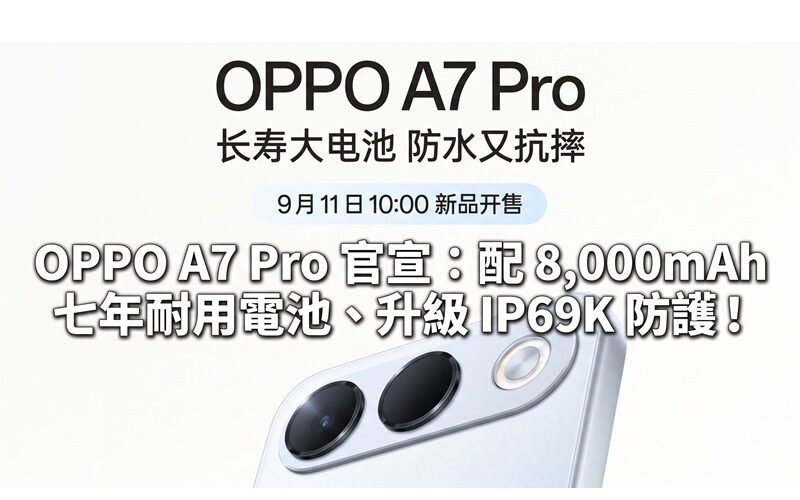 OPPO A7 Pro 官宣：配 8,000mAh 七年耐用電池、升級 IP69K 防護！