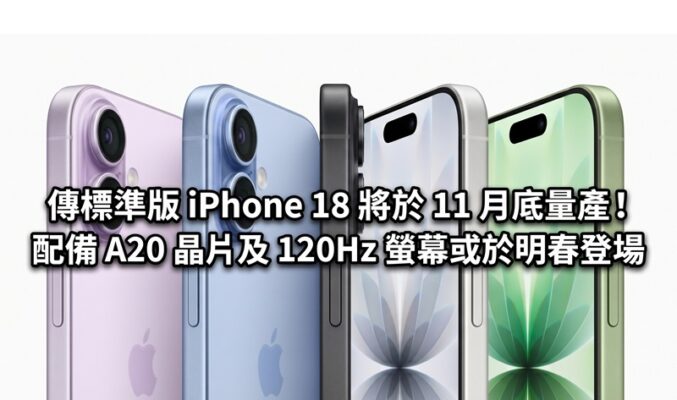 傳標準版 iPhone 18 將於 11 月底量產！配備 A20 晶片及 120Hz 螢幕或於明春登場
